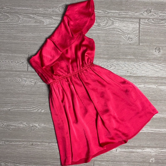 BCBGeneration Pink Silky Ruffle 1 Shoulder Dress - Picture 4 of 8